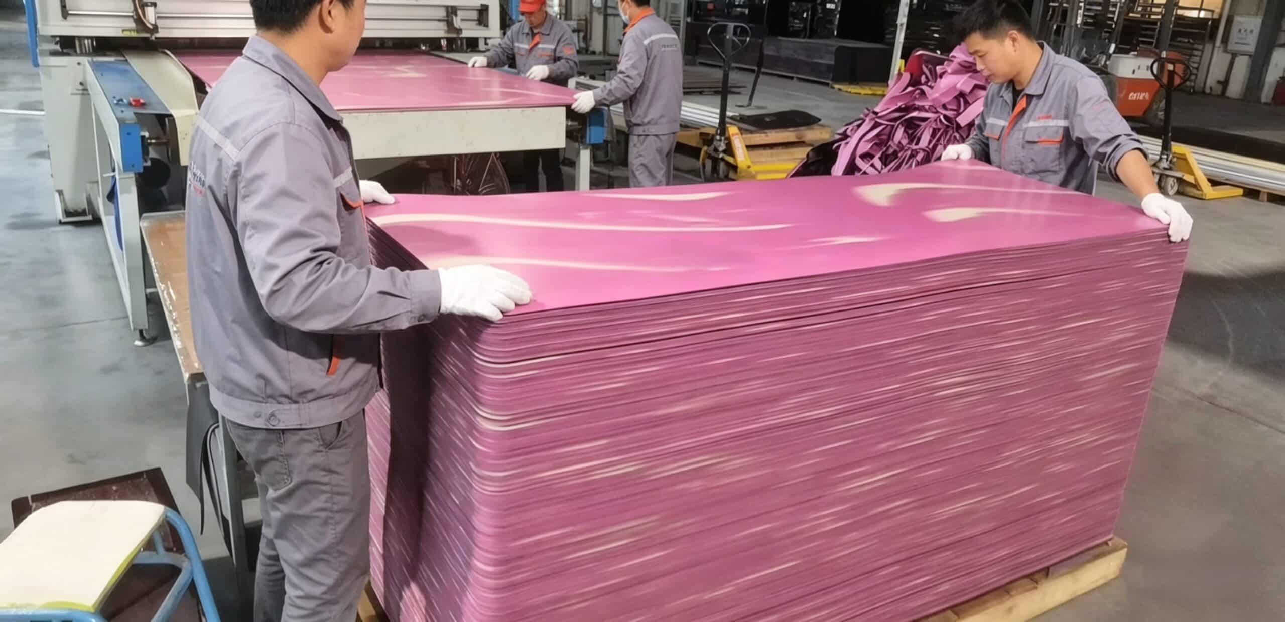 Professional yoga mat factory production line showing workers handling bulk orders of premium rubber mats at Theyogamats.